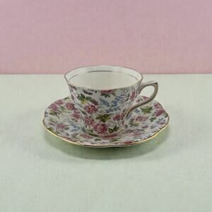 Rosina Pink Chintz Floral Tea Cup and Saucer 1950s England Bone China